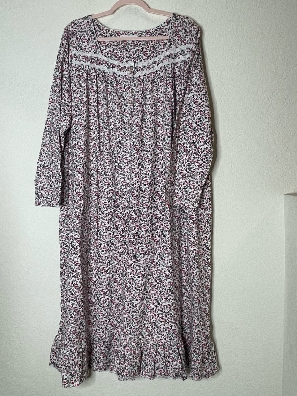 Eileen West Nightgown XL 100% Cotton Floral Lace Long Sleeve Cottagecore Multi